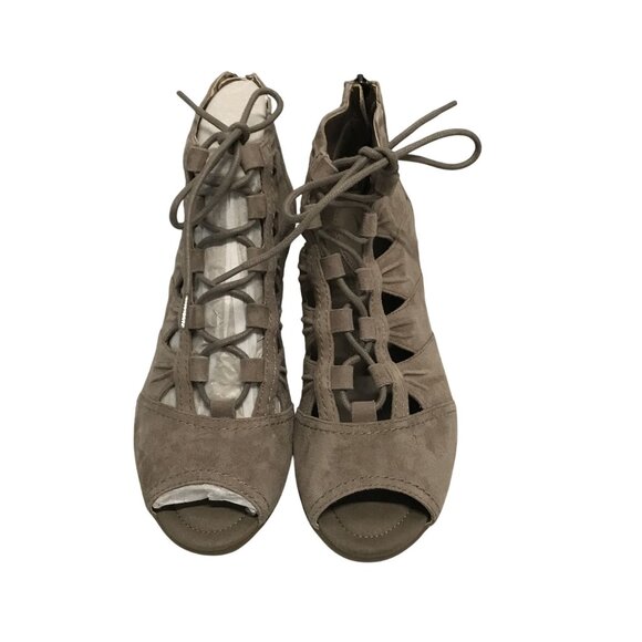 EARTH AURORA Tan Suede Heeled Lace Up Peep Toe Ankle Boots Womens 8 Zip Close - Picture 5 of 10